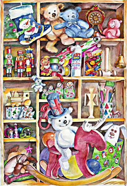 christmas shelves, Santa`s workshop, watercolour for Christmas displey