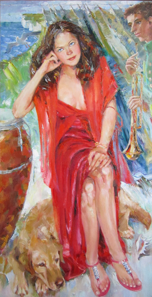 The girl in a red dreass immersed in her dreams, windy day